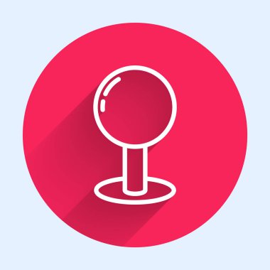 Beyaz çizgi Push iğne simgesi uzun gölgeli izole. Raptiye işareti. Kırmızı daire düğmesi. Vektör İllüstrasyonu