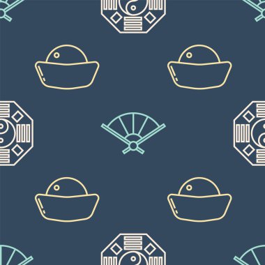 Hat Yin Yang, Suşi ve Kağıt Çince katlama vantilatörünü pürüzsüz şablona ayarla. Vektör