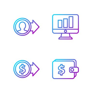 Dolarlı cüzdan, dolarlı madeni para, iş tanıtımı ve grafik grafikli monitör. Renk simgeleri. Vektör