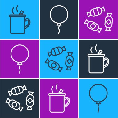 Set hattı. Kurdele ikonlu şarap, şeker ve balon. Vektör