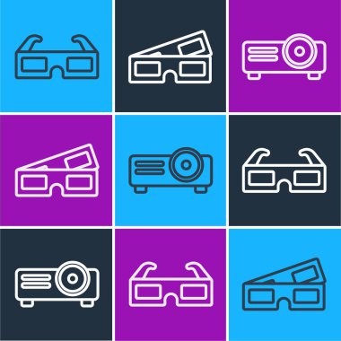 3D sinema gözlükleri, sinema, film, medya projektörü ve 3D sinema gözlüğü ikonu. Vektör