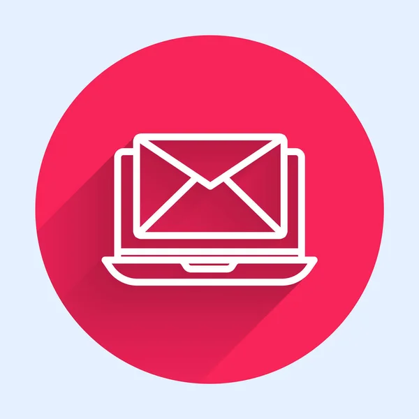 封筒と長い影で隔離された画面アイコン上の電子メールを開くとホワイトラインノートパソコン メールマーケティング インターネット広告の概念 赤い丸ボタン ベクターイラスト — ストックベクタ