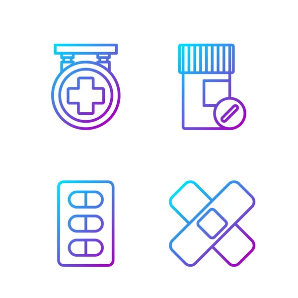 设置线交叉绷带石膏 药丸在起泡包 医院标牌和药瓶和药丸 明亮的色彩图标 — 图库矢量图片