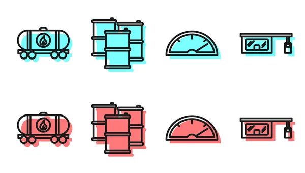 Set Line Snelheidsmeter Olievat Barrel Olie Gas Tankstation Icoon Vector — Stockvector