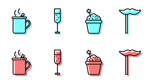 Set Lijn Cake Glühwein Glas Champagne Papieren Snor Stickpictogram Vector — Stockvector