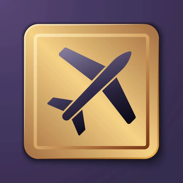 紫色平面图标孤立在紫色背景 飞行的飞机图标 航空公司的标志 金正方形按钮病媒图解 — 图库矢量图片