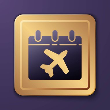 Mor seyahat planlama takvimi ve mor arka planda izole edilmiş uçak simgesi. Planlanmış bir tatil gezisi. Altın kare düğme. Vektör İllüstrasyonu