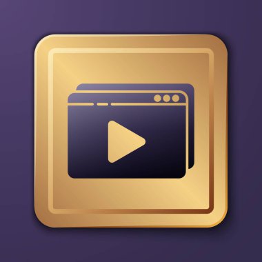 Mor Online video oynatma simgesi mor arkaplanda izole edildi. Oyun işaretli film şeridi. Altın kare düğme. Vektör İllüstrasyonu