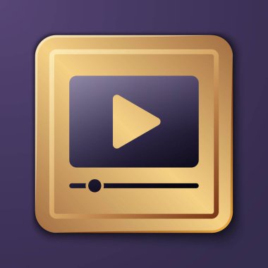Mor Online video oynatma simgesi mor arkaplanda izole edildi. Oyun işaretli film şeridi. Altın kare düğme. Vektör İllüstrasyonu
