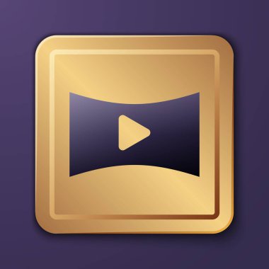 Mor Online video oynatma simgesi mor arkaplanda izole edildi. Oyun işaretli film şeridi. Altın kare düğme. Vektör İllüstrasyonu