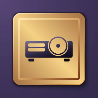 Mor Sunum, film, film, medya projektör ikonu mor arkaplanda izole edildi. Altın kare düğme. Vektör İllüstrasyonu