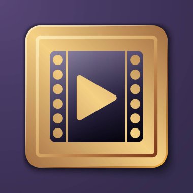 Mor Oyun Video simgesi mor arkaplanda izole edildi. Film şeridi tabelası. Altın kare düğme. Vektör İllüstrasyonu