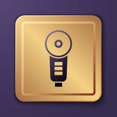 Mor Açı Öğütücü simgesi mor arkaplanda izole edildi. Altın kare düğme. Vektör İllüstrasyonu