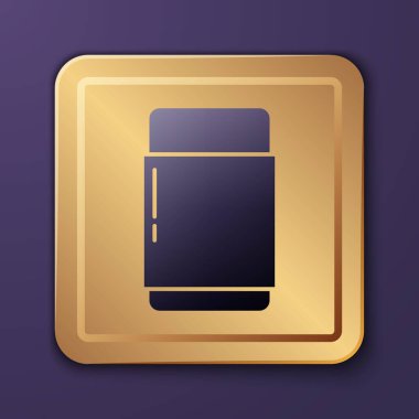 Mor silgi ya da mor arkaplanda izole edilmiş kauçuk simge. Altın kare düğme. Vektör İllüstrasyonu