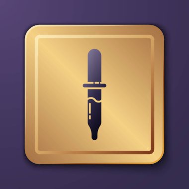 Mor Pipette simgesi mor arkaplanda izole edilmiş. Tıbbi elementler, kimya laboratuarı ekipmanları. Tıp sembolü. Altın kare düğme. Vektör İllüstrasyonu