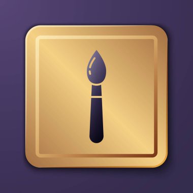 Mor boya fırçası simgesi mor arkaplanda izole edilmiş. Altın kare düğme. Vektör İllüstrasyonu