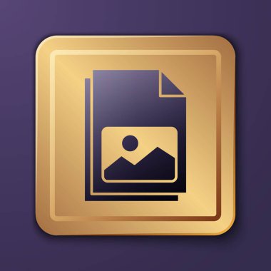 Mor Resim manzara ikonu mor arkaplanda izole edilmiş. Altın kare düğme. Vektör İllüstrasyonu