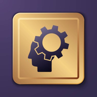 Mor arka planda izole edilmiş ikon içerisindeki teçhizatlı mor insan kafası. Yapay zeka. Düşünen beyin. Beynin sembol çalışması. Altın kare düğme. Vektör İllüstrasyonu