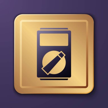 Mor Ampere ölçer, multimetre, mor arkaplanda izole edilmiş voltmetre ikonu. Elektrik akımını ölçmek için araçlar. Altın kare düğme. Vektör İllüstrasyonu