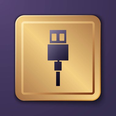Mor USB kablo ikonu mor arkaplanda izole edilmiş. PC ve mobil cihazlar için bağlantı ve soketler. Altın kare düğme. Vektör İllüstrasyonu