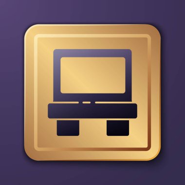 Mor arkaplanda izole edilmiş elektrik koruma bileşeni ikonu mor fünyesi. Eriyen koruyucu fitil. Altın kare düğme. Vektör İllüstrasyonu