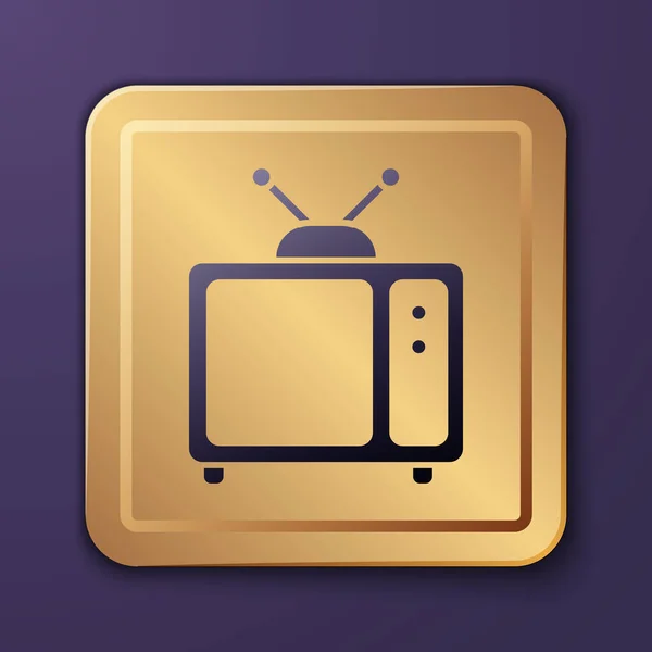 紫の背景に隔離されたレトロなテレビのアイコン テレビの看板 金の四角形のボタン ベクターイラスト — ストックベクタ