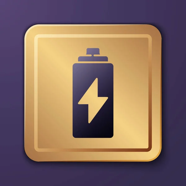 Ikona Fialové Baterie Izolované Fialovém Pozadí Symbol Blesku Zlatý Knoflík — Stockový vektor