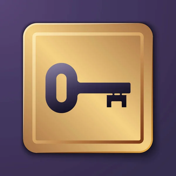 Purple Old Key Icon Isolated Purple Background Gold Square Button — Stock Vector