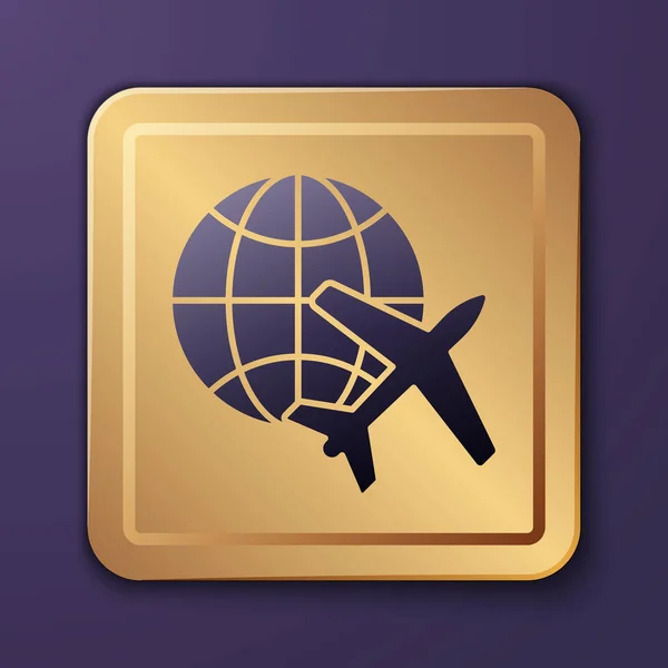 Purple Globe Mit Fliegendem Flugzeug Symbol Auf Violettem Hintergrund Flugzeuge — Stockvektor