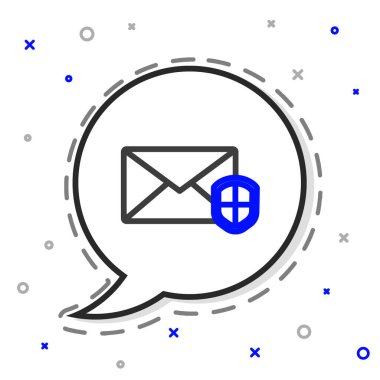 Beyaz arkaplanda kalkan simgesi olan çizgi zarfı. Sigorta konsepti. Güvenlik, güvenlik, koruma, konsept koruma. Renkli taslak konsepti. Vektör İllüstrasyonu