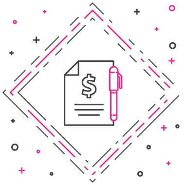 Satır Sözleşmesi parası ve kalem simgesi beyaz arkaplanda izole edildi. Bankacılık belgeleri dolar finans para sayfası. Renkli taslak konsepti. Vektör İllüstrasyonu