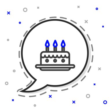 Beyaz arkaplanda yanan mum simgesine sahip Çizgi Keki. Doğum günün kutlu olsun. Renkli taslak konsepti. Vektör İllüstrasyonu