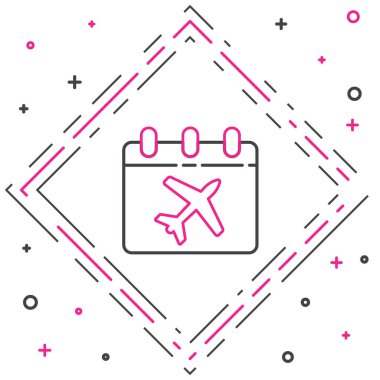 Çizgi Seyahat Planlama takvimi ve uçak simgesi beyaz arkaplanda izole edildi. Planlanmış bir tatil gezisi. Renkli taslak konsepti. Vektör İllüstrasyonu