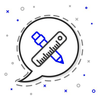 Çizgiyi aşan cetvel ve kalem simgesi beyaz arkaplanda izole edildi. Düz sembol. Çizim ve eğitim araçları. Renkli taslak konsepti. Vektör İllüstrasyonu