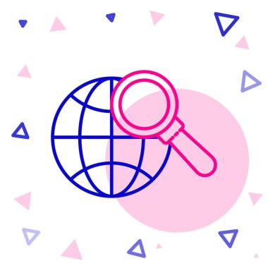 Beyaz arka planda izole edilmiş dünya ikonu olan çizgi büyüteç. Dünyayı analiz ediyorum. Küresel arama işareti. Renkli taslak konsepti. Vektör İllüstrasyonu