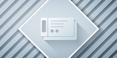 Kağıt kesiği seyahat bileti simgesi gri arka planda izole edildi. Tren, gemi, uçak, tramvay, otobüs. Seyahat servisi konsepti. Kağıt sanatı tarzı. Vektör İllüstrasyonu