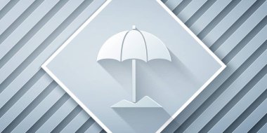 Kağıt, gri arka planda izole edilmiş plaj ikonu için Güneş koruyucu şemsiye. Açık alan için büyük bir şemsiye. Plaj şemsiyesi Kağıt sanatı tarzı. Vektör İllüstrasyonu