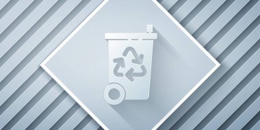 Kağıt kesme geri dönüşüm kutusu ile geri dönüşüm simgesi gri arka plan üzerinde izole. Çöp kutusu simgesi. Çöp kutusu tabelası. Sepet işaretini geri dönüştürün. Kağıt sanat tarzı. Vektör İllüstrasyonu