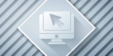 Kağıt kesiği Bilgisayar monitörü ve imleç simgesi gri arkaplanda izole edildi. Boş ekran işaretli bilgisayar defteri. Kağıt sanatı tarzı. Vektör İllüstrasyonu