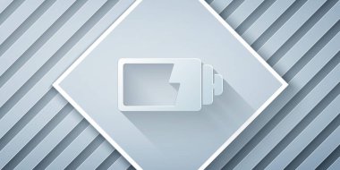 Kağıt kesiği Batarya şarj seviyesi göstergesi simgesi gri arkaplanda izole edildi. Kağıt sanatı tarzı. Vektör İllüstrasyonu