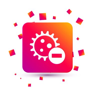 Beyaz arkaplanda beyaz negatif virüs simgesi var. Corona virüsü 2019-nCoV. Bakteri ve mikroplar, hücre kanseri, mikrop, mantar. Kare renk düğmesi. Vektör İllüstrasyonu