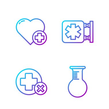 Test tüpü ve matara, Cross hastanesi sağlık, kalp ve acil durum sembolü. Renk simgeleri. Vektör