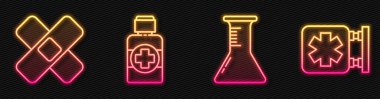 Test tüpü ve matara, çapraz sargı bezi, ilaç şurubu şişesi ve acil durumun tıbbi sembolünü hazırlayın. Parlayan neon ikonu. Vektör