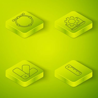 Isometric Laptop ve teçhizat, Renk palet rehberi, Cetvel ve Çember 'i Bezier eğrisi simgesi ile ayarla. Vektör