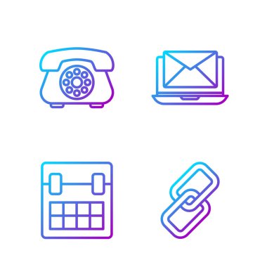 Satır linkini, takvimi, telefonu ve zarfı olan dizüstü bilgisayarı ayarla. Renk simgeleri. Vektör