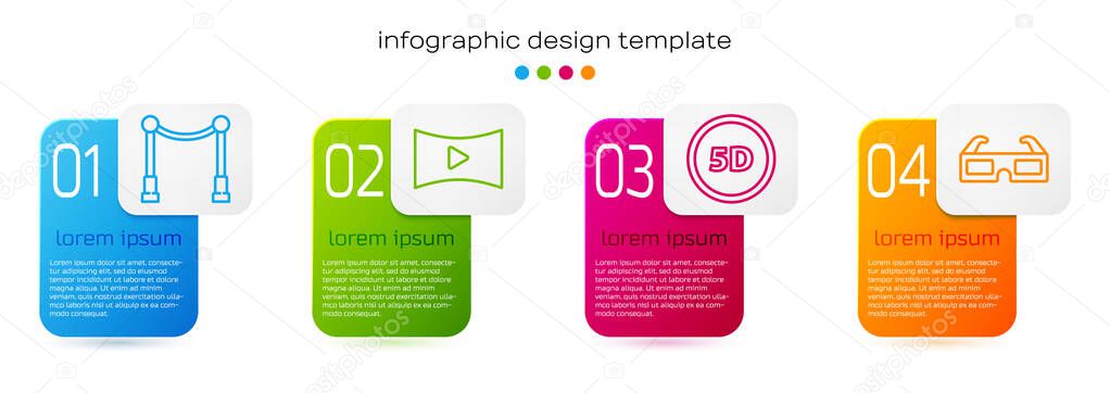 Set line Carpet with barriers, Online play video, 5d virtual reality and 3D cinema glasses. Business infographic template. Vector