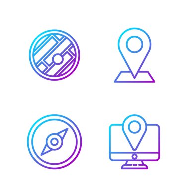 Yer imi, pusula, konumu ve konumu olan katlanmış harita ile çizgi izleyicisini ayarla. Renk simgeleri. Vektör