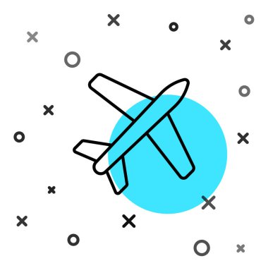 Siyah çizgi düzlem simgesi beyaz arkaplanda izole edildi. Uçan uçak ikonu. Uçak tabelası. Rastgele dinamik şekiller. Vektör İllüstrasyonu