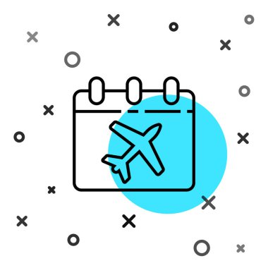 Siyah çizgi seyahat planı takvimi ve uçak simgesi beyaz arka planda izole edildi. Planlanmış bir tatil gezisi. Rastgele dinamik şekiller. Vektör İllüstrasyonu