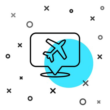 Beyaz arka planda izole edilmiş uçak seyahat ikonu olan siyah çizgi konuşma balonu. Uçak nakil işareti. Tatil sembolü. Rastgele dinamik şekiller. Vektör İllüstrasyonu